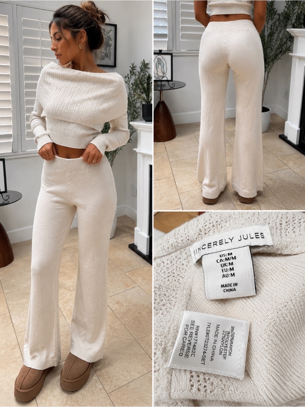 Sincerly Jules Cream Knit Wide-Leg Lounge Pants